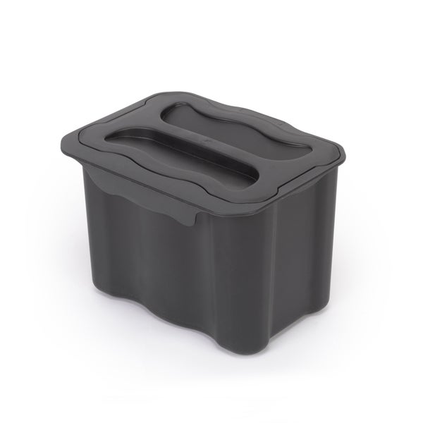 Schwarze Aufbewahrungsbox aus Kunststoff mit Deckel.