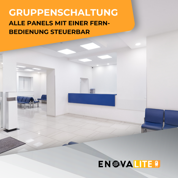 Heller Wartebereich mit LED Panels an der Decke und Enovalite Logo, steuerbar über Fernbedienung für Gruppenschaltung.