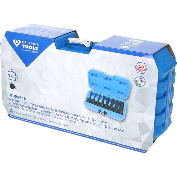 Brilliant Tools Kraftbit Stecknuss Innensechskant Satz, 8-teilig, 5 bis 19 Millimeter im Koffer