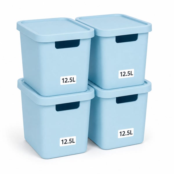 Set aus vier stapelbaren Kunststoff Aufbewahrungsboxen mit Deckel und einem Fassungsvermögen von jeweils 12,5 Litern