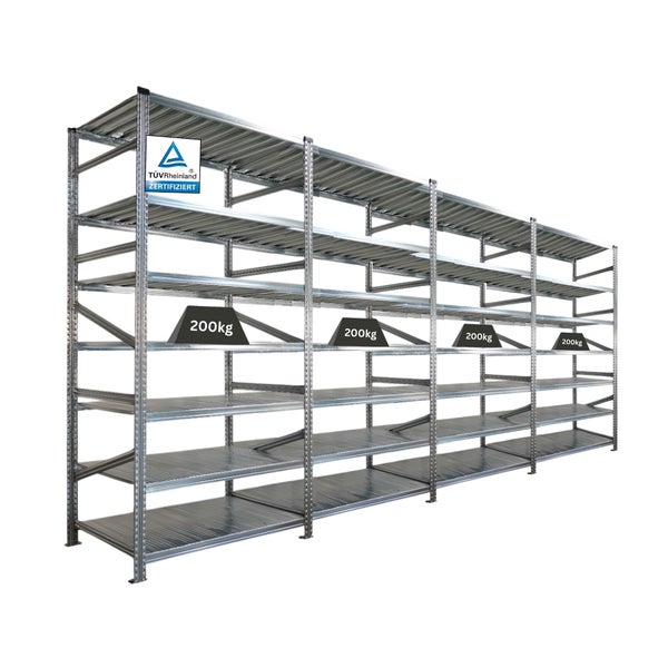 Metallregal mit mehreren Ebenen und TÜV Rheinland Zertifizierung