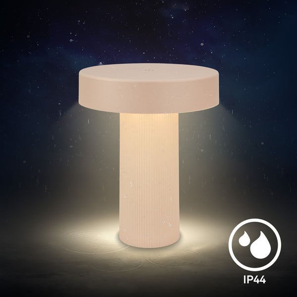 Moderne LED-Außen-Tischleuchte in Pilzform, spritzwassergeschützt nach Schutzart IP44, beleuchtet.