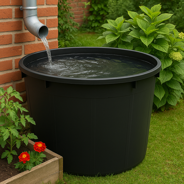 Regentonne aus Kunststoff mit Regenwasserzulauf an einer Hauswand