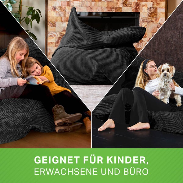 Green Bean XXL Sitzsack aus Cordstoff 370 Liter EPS-Perlen Füllung - Kuschelig Weich Robust & Waschbarem-Stoff Bodenkissen Liegekissen Sitzkissen - Samt Schwarz