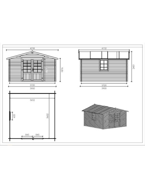 Technische Zeichnung eines Gartenhauses mit Maßen, Vorderansicht, Seitenansicht, Grundriss und perspektivischer Darstellung.