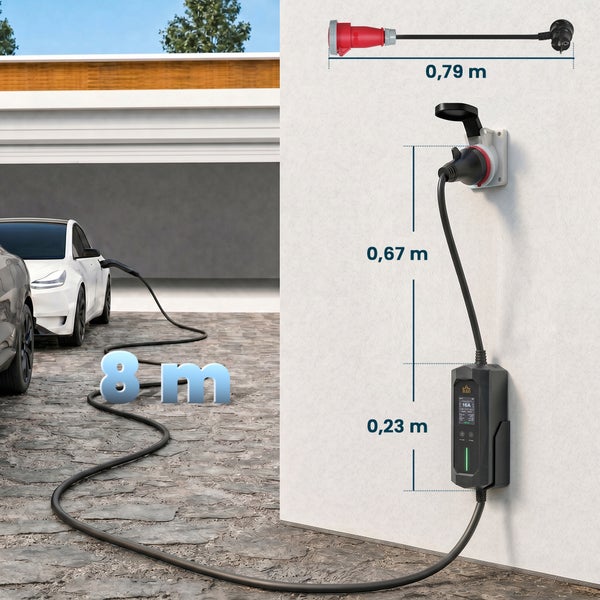 Ladegerät für Elektroautos mit acht Meter langem Kabel und Wandsteckdosenadapter zur Fahrzeugladung.