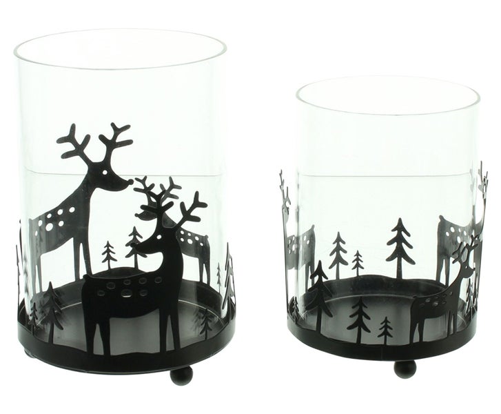 FRANK FLECHTWAREN | Windlicht Rentier im Wald, 2er Set, 8 x 8 x 11 cm, 9 x 9 x 13 cm, METALL, GLAS