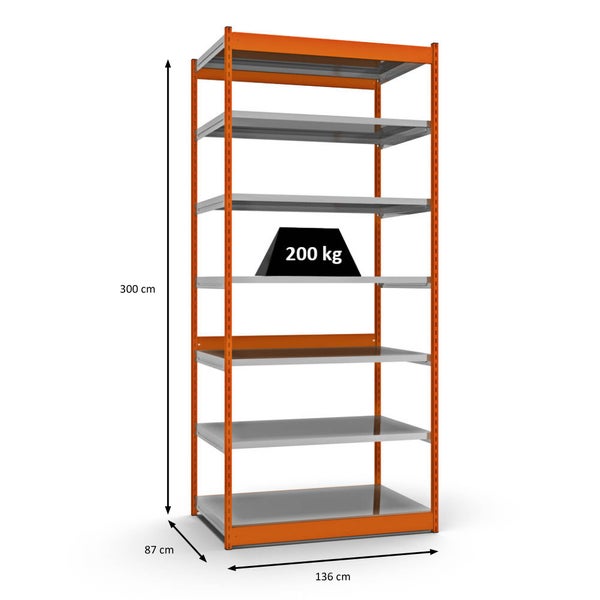 PROREGAL Fachbodenregal Stecksystem Vierkant-Profil Grundregal HxBxT 300 x 132,5 x 80 cm 7 Ebenen Einseitige Bauart Fachlast 200 kg Orange