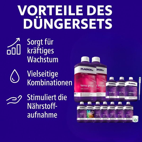 Plagron Düngerset mit verschiedenen Flaschen für kräftiges Wachstum und Nährstoffaufnahme