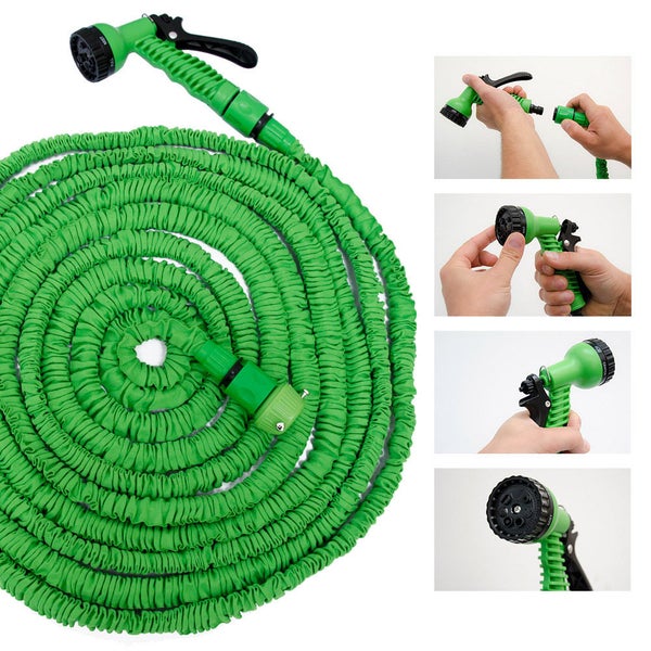 Grüner dehnbarer Gartenschlauch mit Multifunktions-Spritzpistole und Detailansichten zur Montage sowie Bedienung.