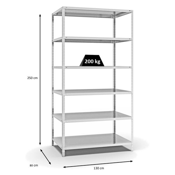 PROREGAL Fachbodenregal Schraubsystem Medium-Duty Grundregal HxBxT 250 x 130 x 80 cm 6 Ebenen Fachlast 200 kg Beidseitig Nutzbar Lichtgrau