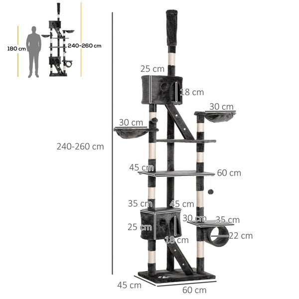 PawHut Katzenkratzbaum 240-260 cm Deckenhoch Kratzbaum groß Kletterbaum Katze Kratzbaum für große Katzen mit Sisalseil Dunkelgrau