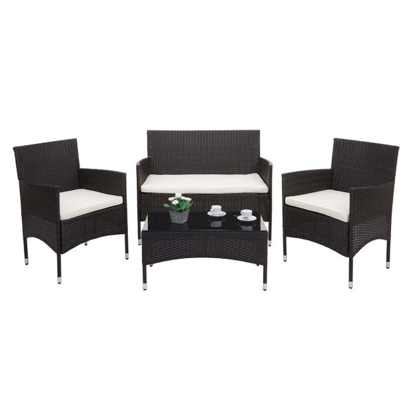 Lounge Gartenmöbel-Set bestehend aus einem Zweisitzer-Sofa, zwei Sesseln und einem Tisch mit Glasplatte. Geflecht-Optik mit Sitzkissen.