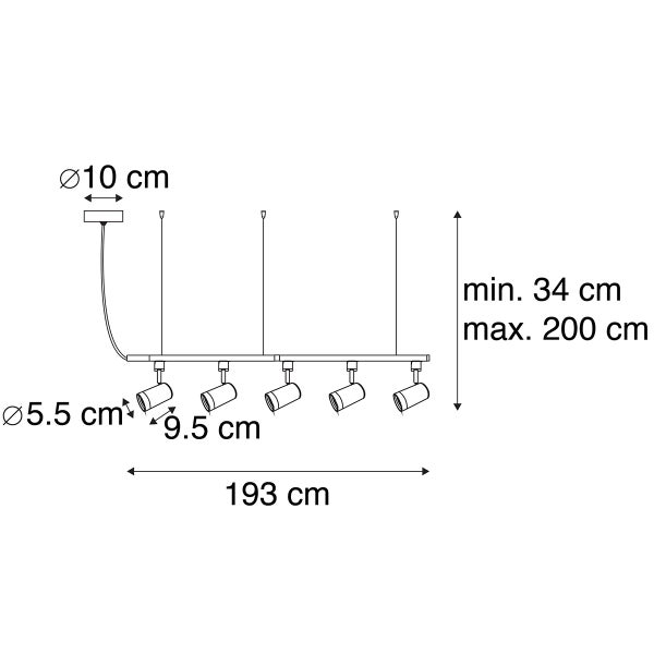 Maßzeichnung der 5-flammigen Pendelleuchte: Breite 193 Zentimeter, verstellbare Höhe 34 bis 200 Zentimeter, Spots 9,5 mal 5,5 Zentimeter.