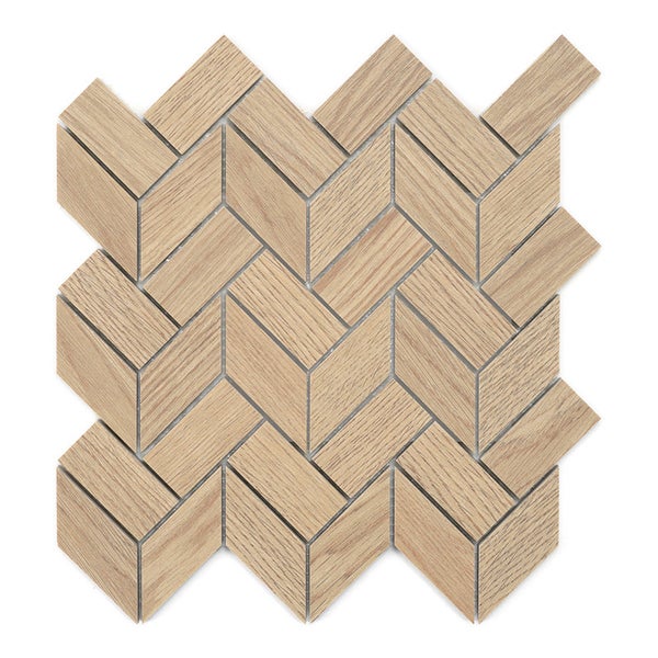 Holzmosaikfliese aus Eichenholz in Fischgrätoptik für Wand- und Bodenbeläge