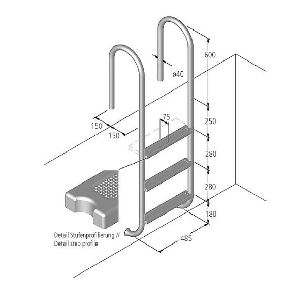 Technische Zeichnung einer Schwimmbadleiter mit Maßangaben