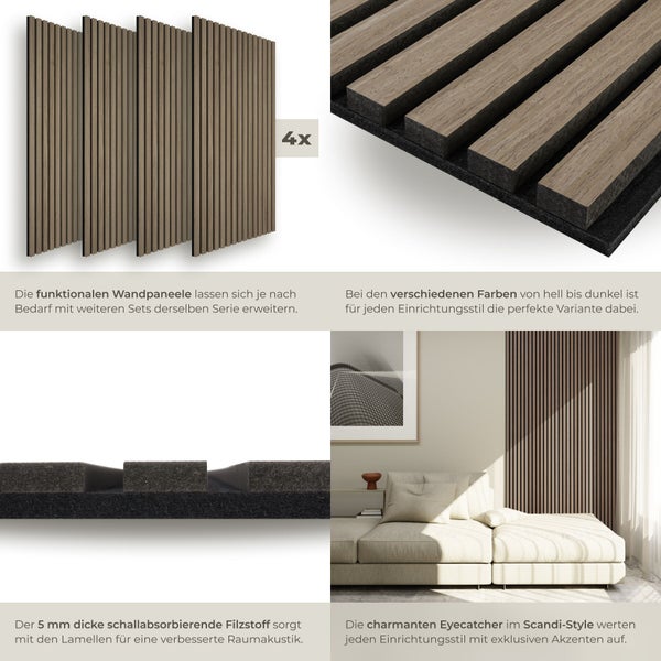 Vier Wandpaneele mit Holzlamellen auf 5 Millimeter dickem schallabsorbierendem Filz, Detailansichten und Einrichtungsbeispiel im Wohnzimmer.