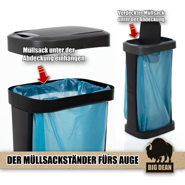 Müllsackständer von Big Dean mit Anleitung zur Befestigung des Müllbeutels unter der Abdeckung.