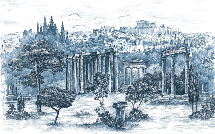 Illustration der Ruinen des Olympieion mit der Akropolis im Hintergrund