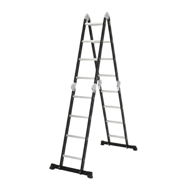 Mehrzweckleiter aus Aluminium in A-Form als Stehleiter aufgestellt