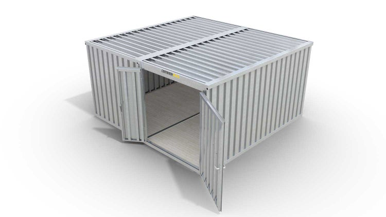 Lagercontainer Gerätehaus XL2  – 21 qm, H2150 x B5080 x T4340 mm, verzinkt, mit Holzfußboden, 1830 mm Doppelflügeltür mittig in Modul D, zerlegt