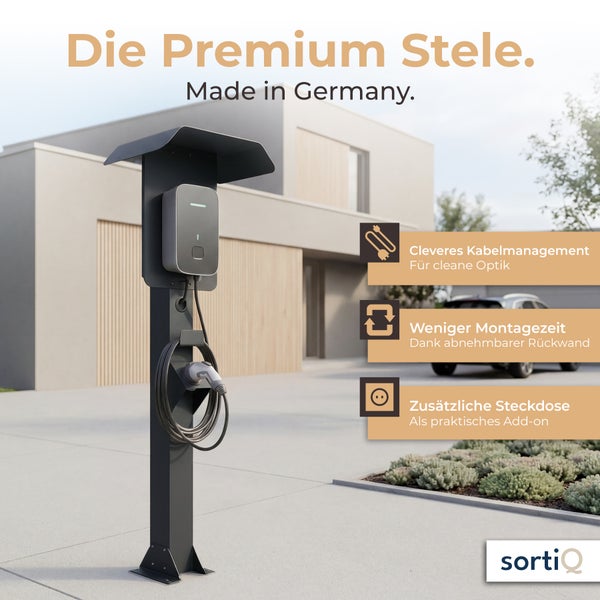 Sortiq Ladestation vor einem modernen Haus mit Kabelmanagement, abnehmbarer Rückwand und Steckdose. Hergestellt in Deutschland. Sortiq Logo.