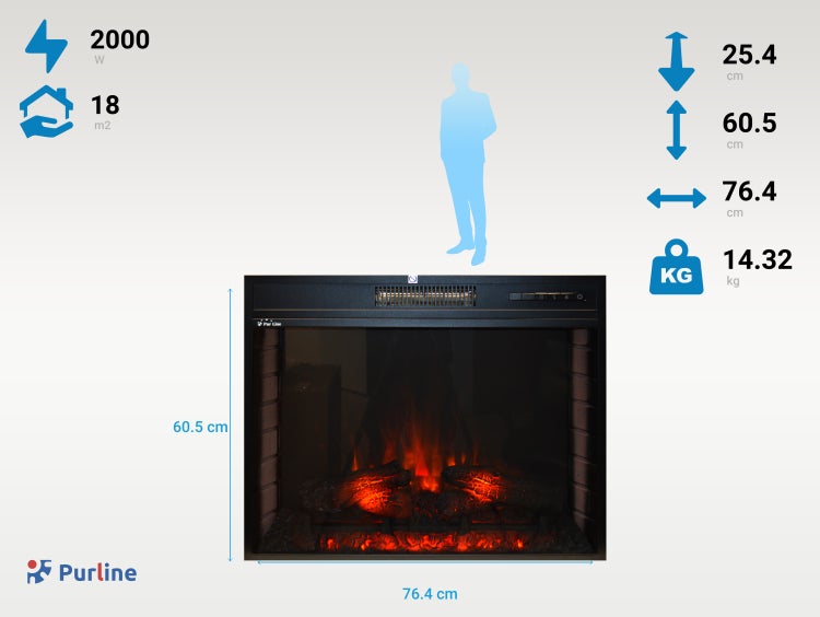 Purline Elektrokamin mit den Maßen 76,4 cm Breite, 60,5 cm Höhe und 25,4 cm Tiefe, Leistung 2000 Watt, geeignet für Räume bis 18 m²; Gewicht 14,32 kg.