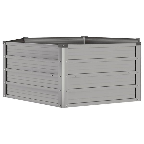 Hochbeet aus grauen Metallpaneelen mit Eckverstärkungen und sichtbaren Schrauben.