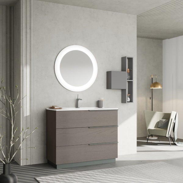 100cm Möbel-Set mit Spiegel mit LED-Beleuchtung , graue Holzoptik-Ausführung | New York