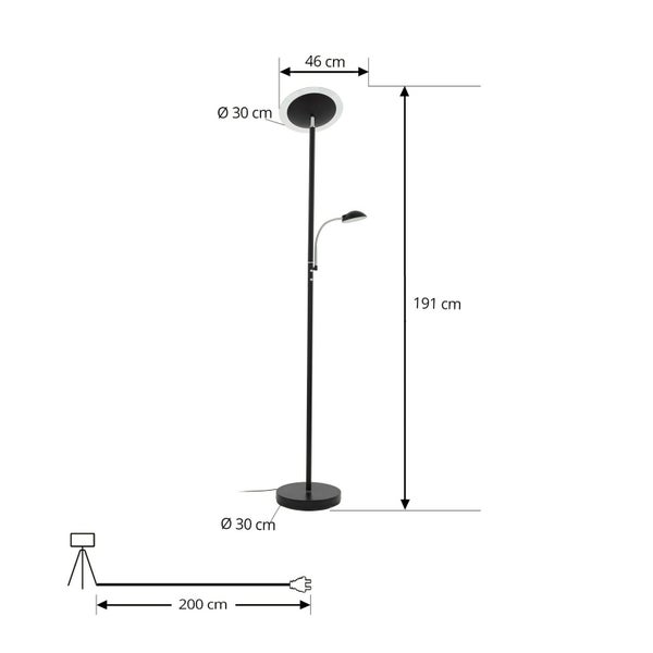 Schwarzer Deckenfluter mit Leselampe, Höhe 191 Zentimeter, Durchmesser 30 Zentimeter, Kabellänge 200 Zentimeter.