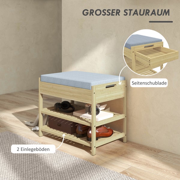 HOMCOM Schuhbank mit 2 Etagen, Sitzbank mit Schublade, Schuhregal, Garderobenbank für 4 Paar Schuhe, für Diele, Flur, Bambus, Natur, 55 x 35 x 46 cm