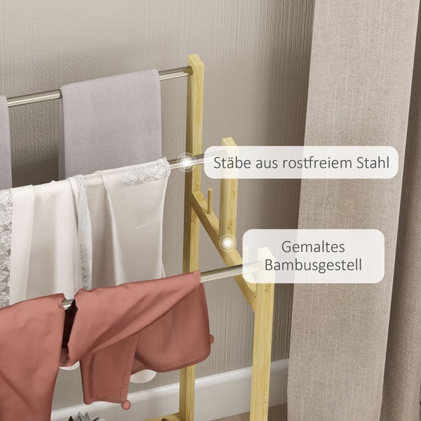 Bambus-Wäscheständer mit lackiertem Gestell und stabilen Stäben aus rostfreiem Stahl für Kleidung und Handtücher.