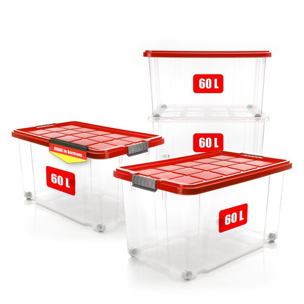 BigDean 4 Stück 60 L Aufbewahrungsbox mit Deckel groß rot - stapelbare robuste Box BPA-frei - rollbare Stapelbox mit festen Klickverschlüssen - Made in Germany