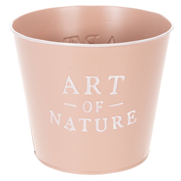Übertopf aus Metall in Rosa mit weißem Relief-Schriftzug Art of Nature