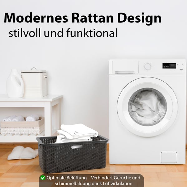 Wäschekorb im modernen Rattandesign neben einer Waschmaschine
