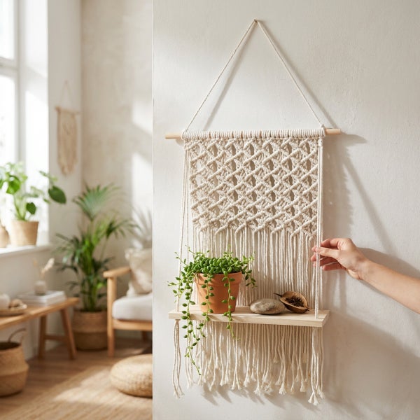 Wandbehang aus Makramee mit integriertem Holzregal zur Dekoration in einem hellen Wohnraum.