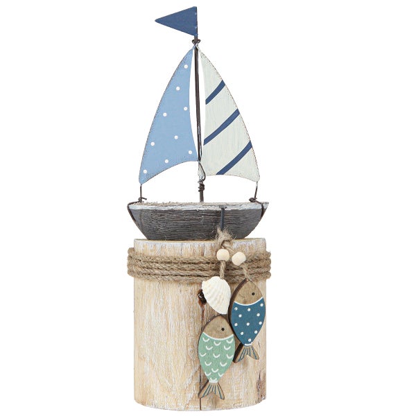 Dekorative Holzfigur mit Segelboot und maritimem Design