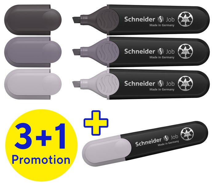 Schneider Job Textmarker Set im 3 plus 1 Aktionspaket aus 90 Prozent recyceltem Kunststoff mit Keilspitze
