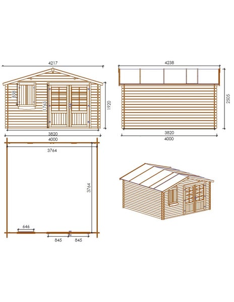 Technische Zeichnung mit Maßangaben für ein Gartenhaus aus Holz mit Doppeltür und Fenster in verschiedenen Ansichten.