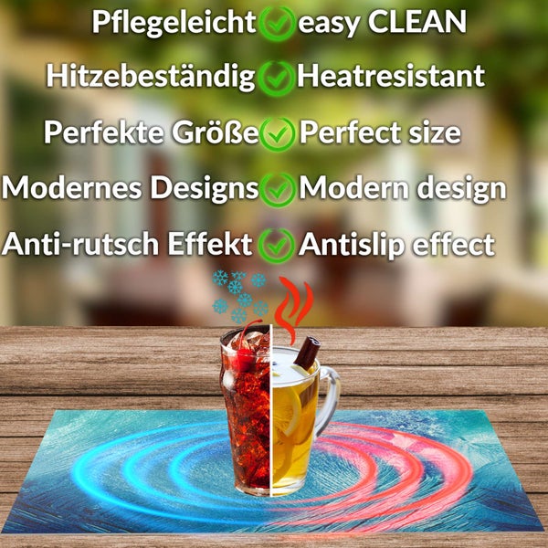 Platzset auf Holztisch für Heiß- und Kaltgetränke. Merkmale: pflegeleicht, hitzebeständig, ideale Größe, modernes Design und Anti-Rutsch-Effekt.