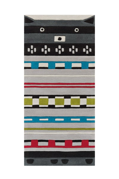 Rechteckiger Kinderteppich mit stilisiertem Tiergesicht und bunten geometrischen Mustern.