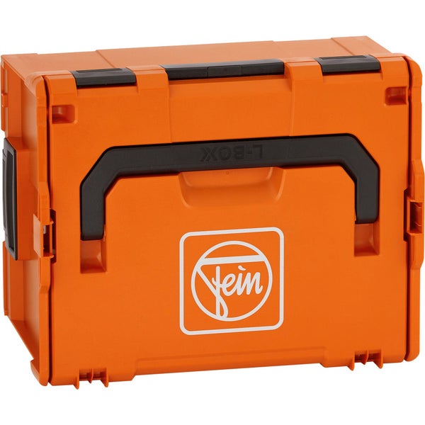 Orangefarbener Fein Werkzeugkoffer L-Boxx aus Kunststoff mit schwarzem Tragegriff und Fein Logo.