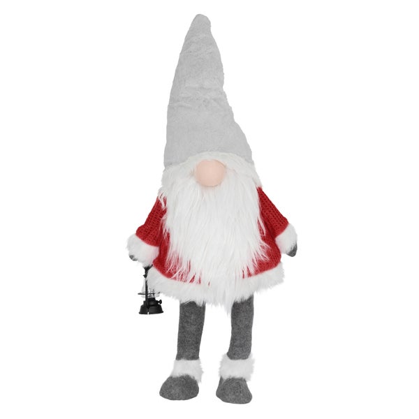 ECD Germany LED Wichtel-Figur mit warmweiß beleuchtete Laterne und Nase 80cm Rot-Grau stehend batteriebetrieben Puppe mit Mütze Weihnachtsdeko Weihnachtswichtel Weihnachtszwerg Deko Zwerg Gnom Plüsch