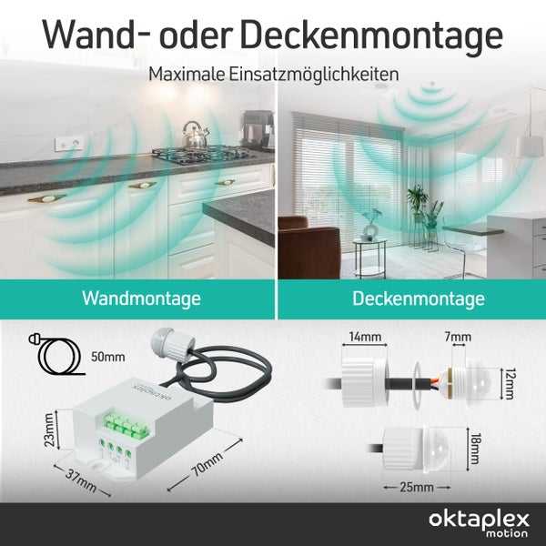 Oktaplex Bewegungsmelder für Wand oder Deckenmontage, mit Abmessungen