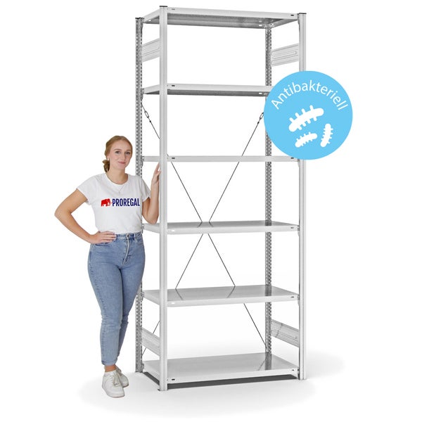 PROREGAL Antibakterielles Fachbodenregal Stecksystem T-Profil HxBxT 250 x 100 x 50 cm 6 Ebenen Traglast 140 kg Antibakterielle Beschichtung Weiß