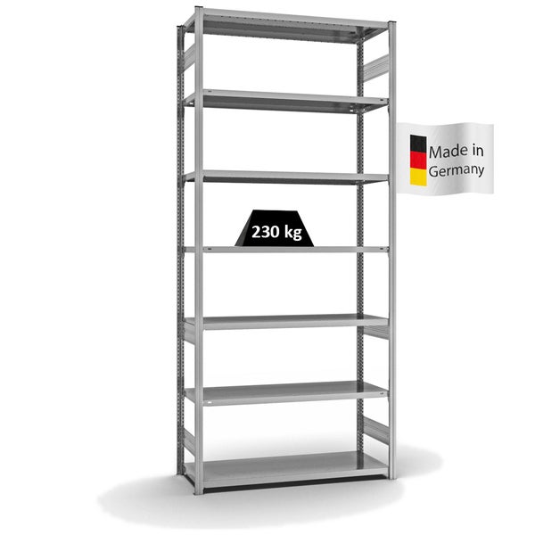 PROREGAL Fachbodenregal Stecksystem T-Profil Medium-Duty Grundregal HxBxT 300 x 130 x 50 cm 7 Ebenen Fachlast 230 kg Beidseitig Nutzbar Verzinkt