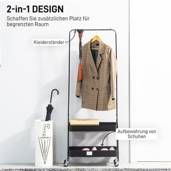 Schwarzer 2-in-1 Kleiderständer aus Metall auf Rollen mit Kleiderstange und zwei Ablagefächern für Schuhe und Zubehör.