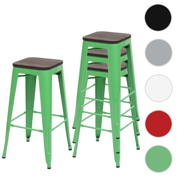 Stapelbare grüne Barhocker mit Holzoberfläche