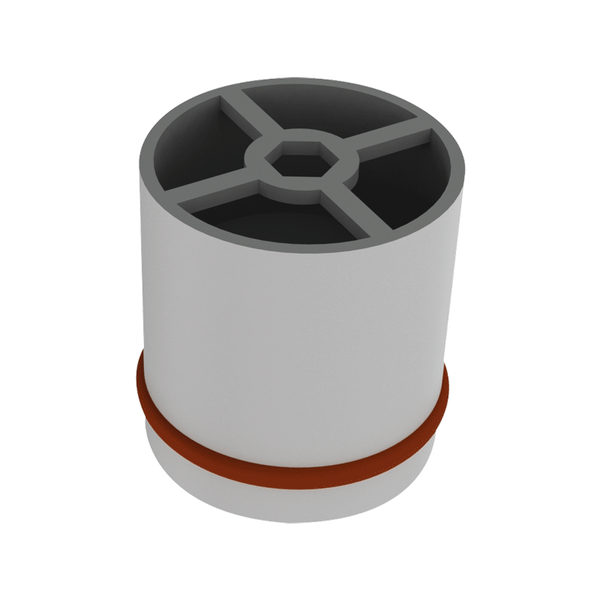 Zylindrisches Kunststoffteil mit Innensechskant und Dichtungsring für Sanitär- und Wasserinstallationen.