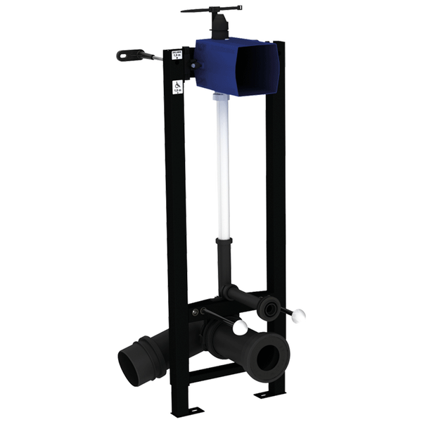 Delabie Vorwandelement für barrierefreie WCs mit Montagerahmen aus Metall und integriertem Spülsystem.